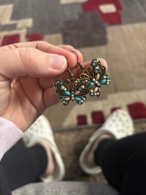 Vintage-Inspired Turquoise & Pink Butterfly Drop Earrings